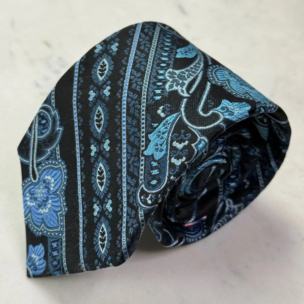 Ted Baker Silk Tie Mens OS Blue Black Floral Paisley Stripe Formal Dapper